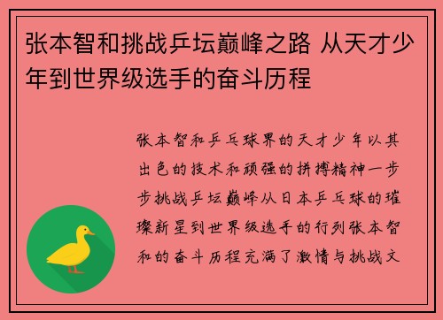 张本智和挑战乒坛巅峰之路 从天才少年到世界级选手的奋斗历程