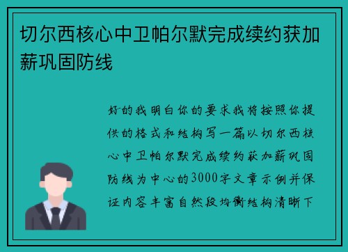 切尔西核心中卫帕尔默完成续约获加薪巩固防线