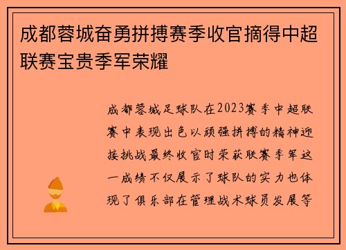 成都蓉城奋勇拼搏赛季收官摘得中超联赛宝贵季军荣耀