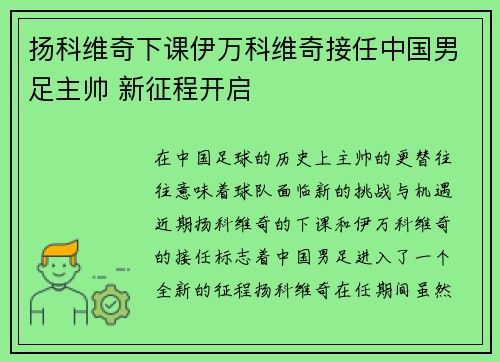 扬科维奇下课伊万科维奇接任中国男足主帅 新征程开启
