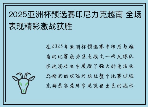 2025亚洲杯预选赛印尼力克越南 全场表现精彩激战获胜