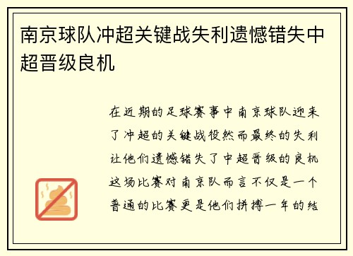 南京球队冲超关键战失利遗憾错失中超晋级良机 南京球队冲超关键战失利遗憾错失中超晋级良机