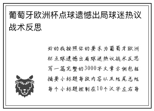 葡萄牙欧洲杯点球遗憾出局球迷热议战术反思